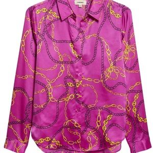 L'AGENCE XS/TALL 100% Silk Vibrant Magenta Blouse with Yellow Chain Design
